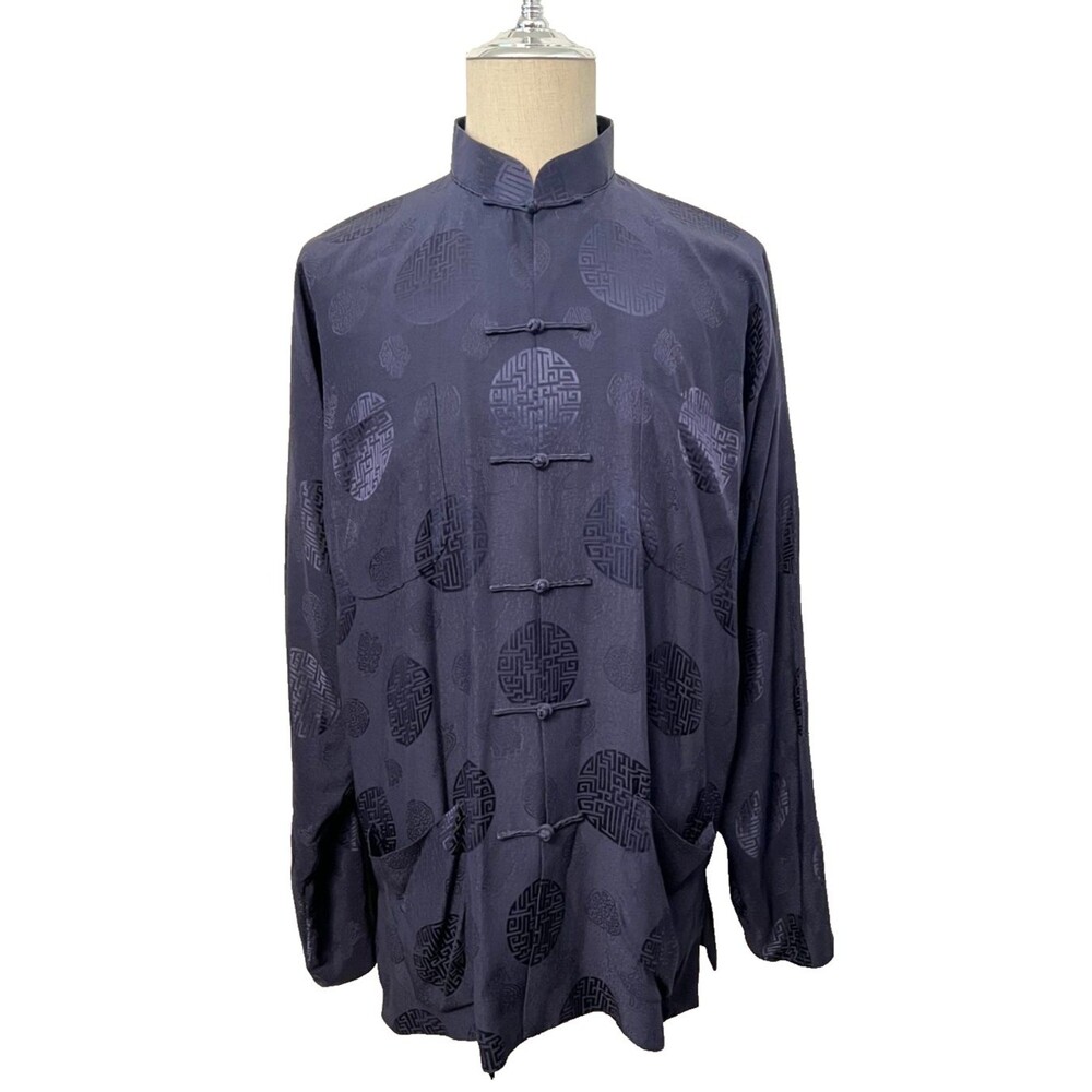 SHANGHAI TANG Men's 40 100% Silk Jacquard Mandarin Shirt Jacket Shou Frog Navy